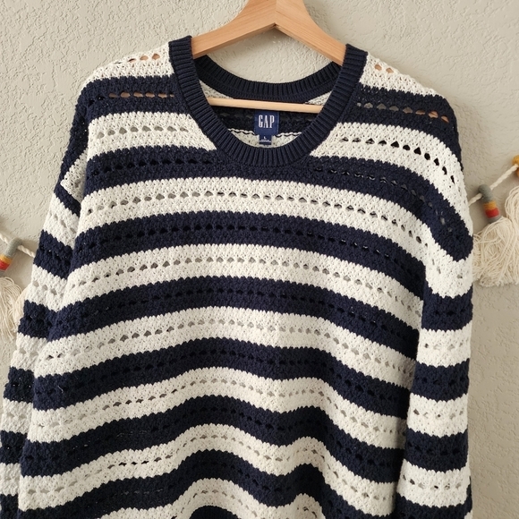 GAP 24/7 Spit Hem Crochet Stripe Chunky Knit Boxy Oversize Pullover Sweater L - Picture 8 of 13
